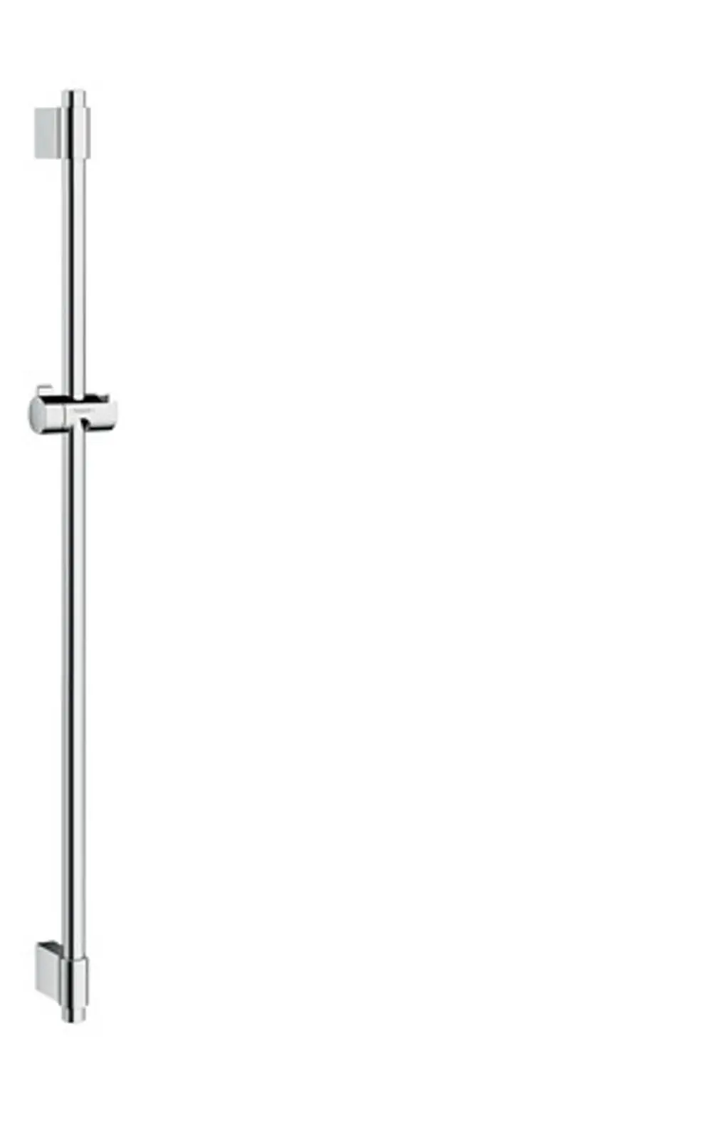 Chromfarbene Brausestange mit zwei Halterungen, geeignet für die Wandmontage. Das Produkt gehört zur Marke Hansgrohe und ist schlicht im Design.